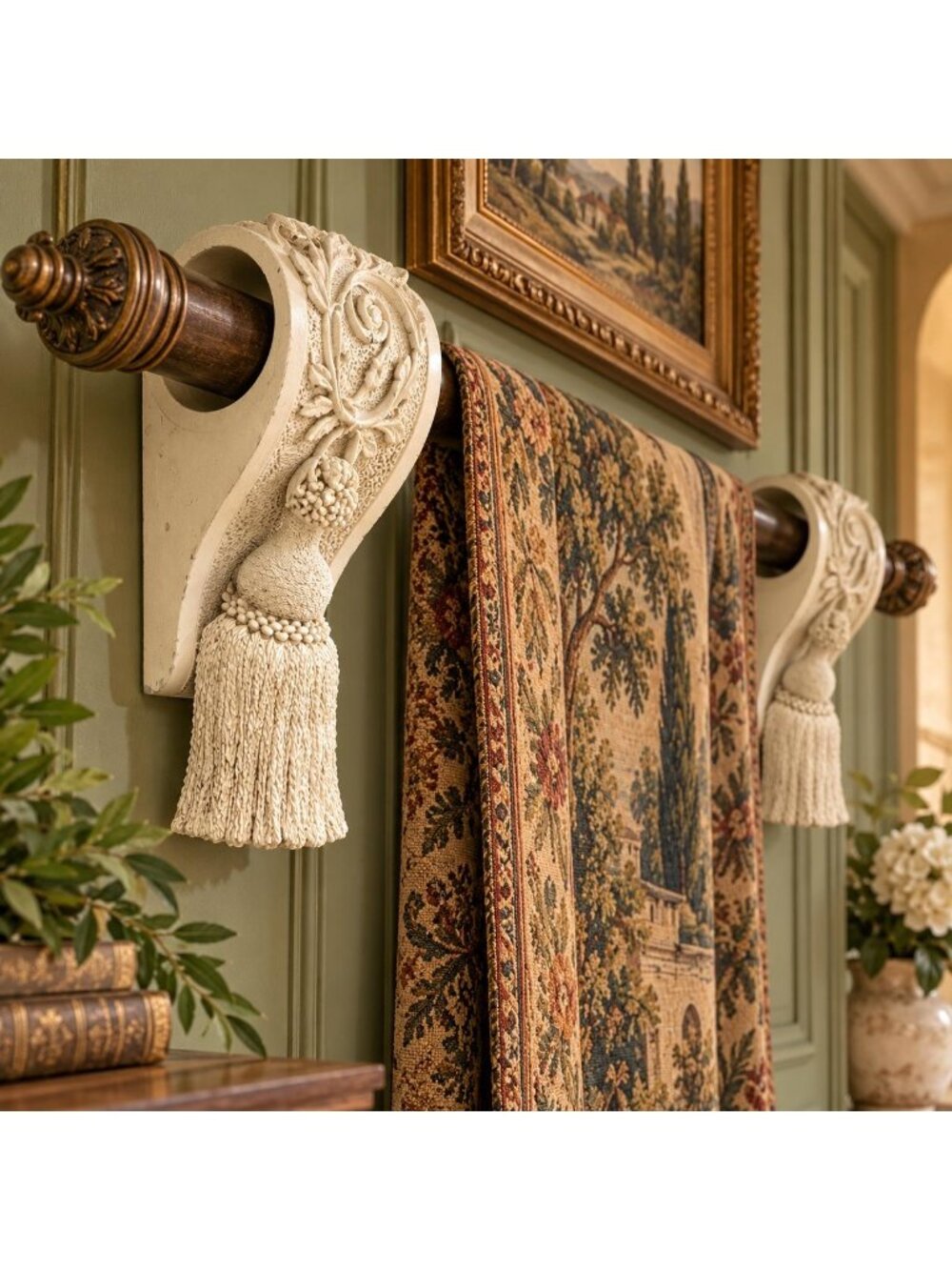 Pair Cream White Wall Sconce Curtain Drapery Swag Corbel Rod Holder